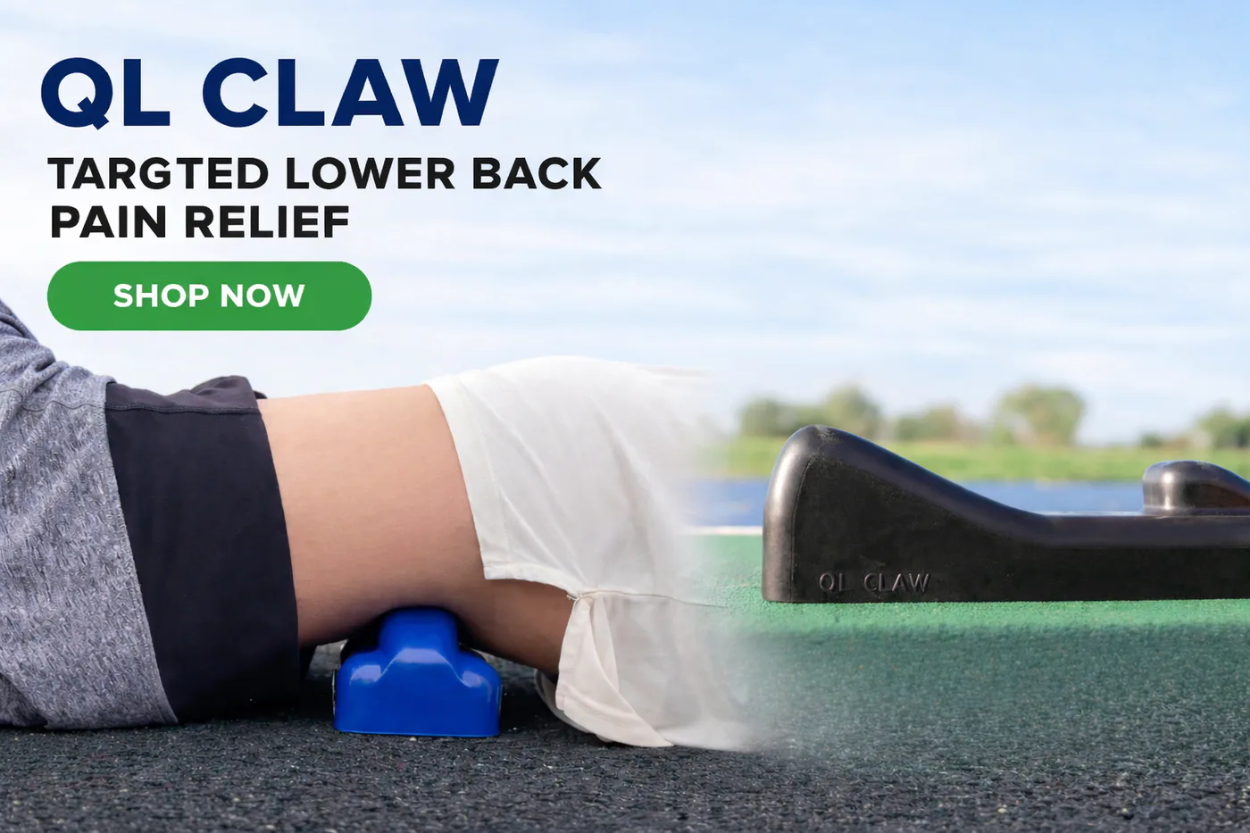 QL Claw lower back pain relief tool showing targeted muscle guide for QL and gluteus medius release