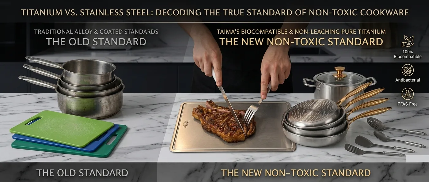 Split screen comparison of stainless steel cookware and pure titanium cookware in a modern kitchen