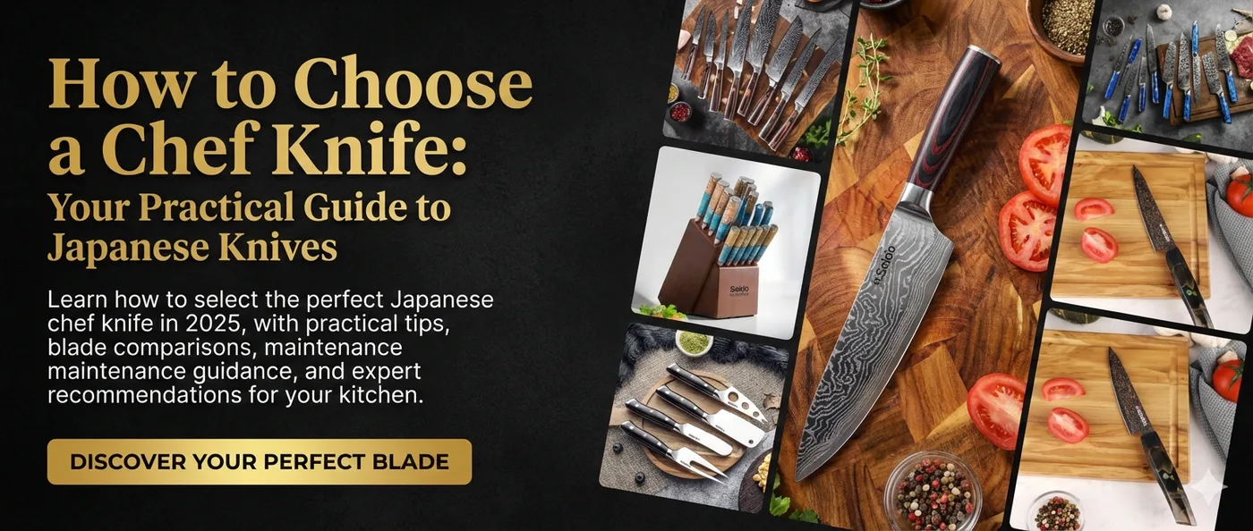Seido Japanese chef knives on cutting board with fresh vegetables