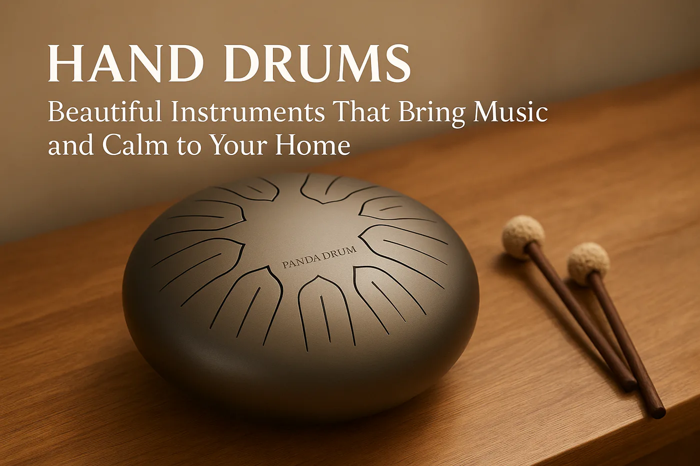Elegant PandaDrum hand drum placed on a wooden table with soft natural lighting, symbolizing music and calm.