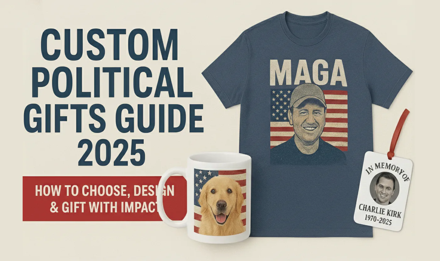 Custom political gifts 2025 guide featuring personalized t-shirts, mugs, ornaments, and patriotic designs