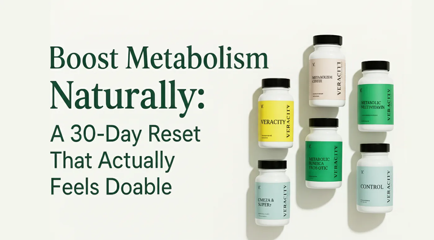 Banner showing Veracity supplements with text “Boost Metabolism Naturally: A 30-Day Reset That Actually Feels Doable” in a clean lifestyle aesthetic.