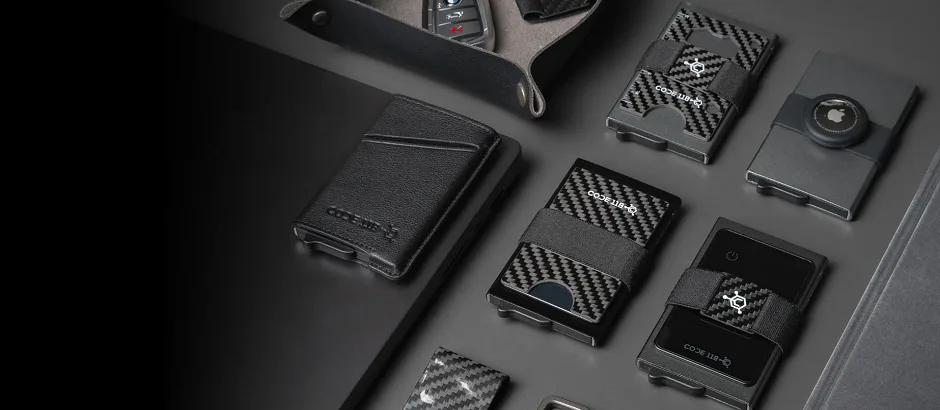Slim RFID carbon fiber wallet with Apple AirTag and tracker compatibility by CODE 118