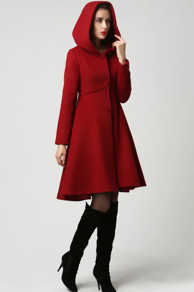 Dark Red Hooded Wool Coat for Women – Vintage Fit and Flare Winter Overcoat 1117