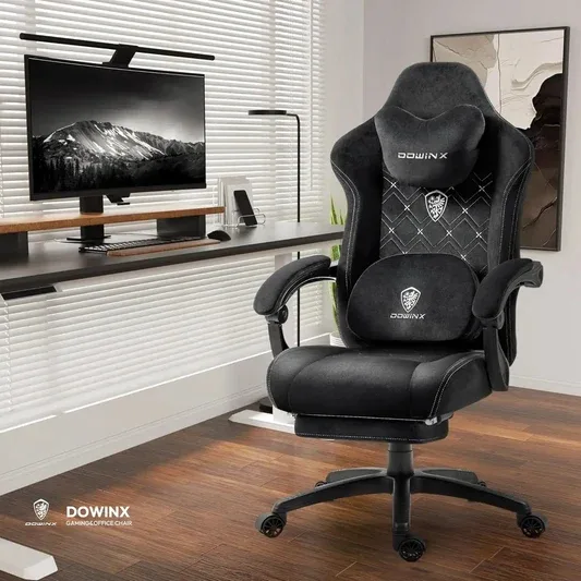 DOWINX MB38 Black Fabric Heated Massage Gaming Chair - Office Chair with Footrest, Lumbar Support & Headrest